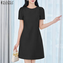 ZANZEA Korean Fashion Puff Sleeve Short Dresses Commute Elegant Solid Fitted Waist Party Robes Women Textured A-line Vestidos