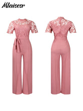 Mlaiscsr Elegant White Jumpsuits with Sashes Club Outfit for Women Lace Patchwork Short Sleeve Birthday Party One Piece Rompers