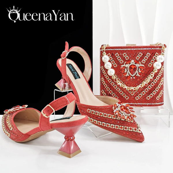 Queena Yan Red Color  Elegant Women Heel Shoes Bag With Rhinestone Decoration Chain Metal Rhinestone Decoration Wear-resistant