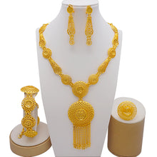 Dubai Gold Color Jewelry Set For Woman Bridal Nigerian African Long Chain Necklace Earrings Bracelet Ring Jewellery Set