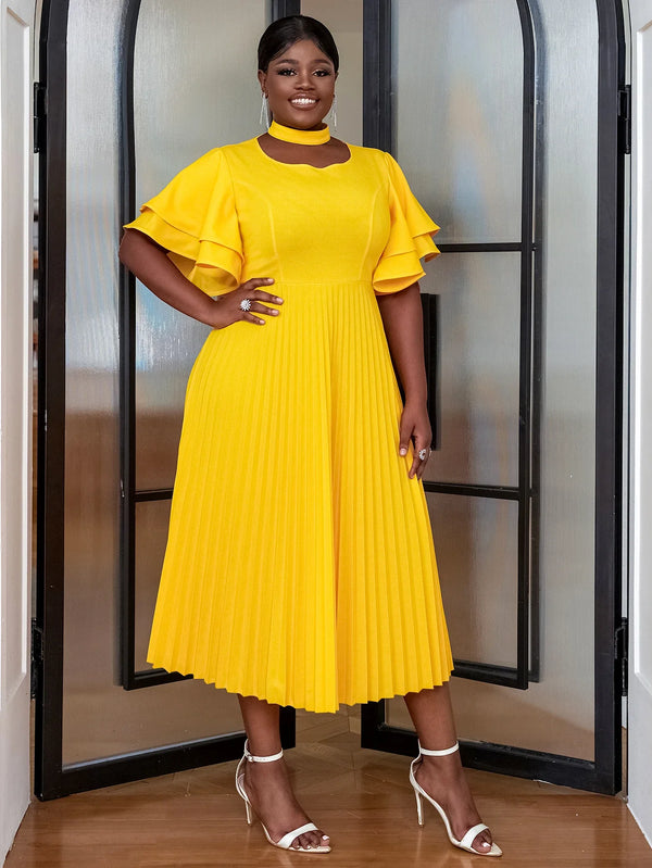 Plus Size A Line Dresses Yellow Butterfly Short Sleeve Cut Out High Waist Office Work Daily Evening Party Outfits for Women 2024