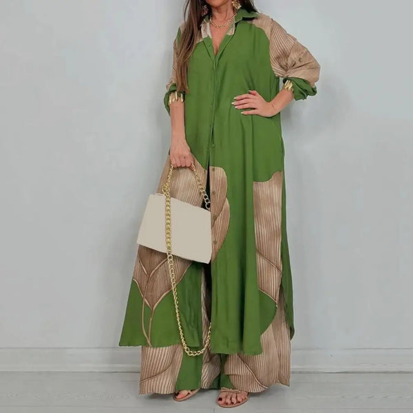 Two-piece Suit Women Contrasting Color Suit Stylish Women's V-neck Patchwork Printed Suit for Various Occasions Loose Fit Top