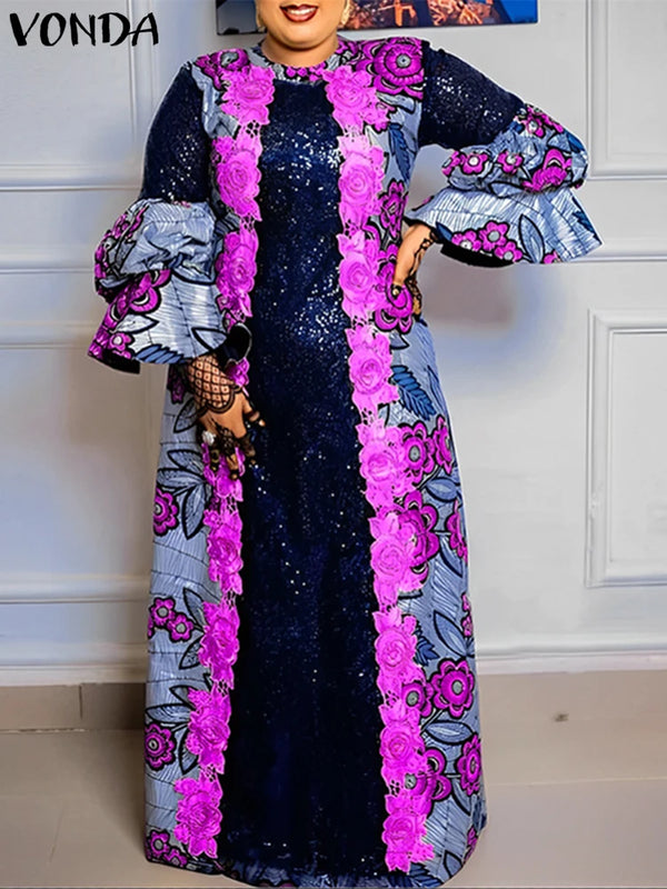 VONDA Bohemian Vestidos 2024 Women Casual Flared Long Sleeve Maxi Dresses Round Neck Loose Print Sundress Ruffles Pleated Robes