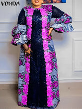 VONDA Bohemian Vestidos 2024 Women Casual Flared Long Sleeve Maxi Dresses Round Neck Loose Print Sundress Ruffles Pleated Robes