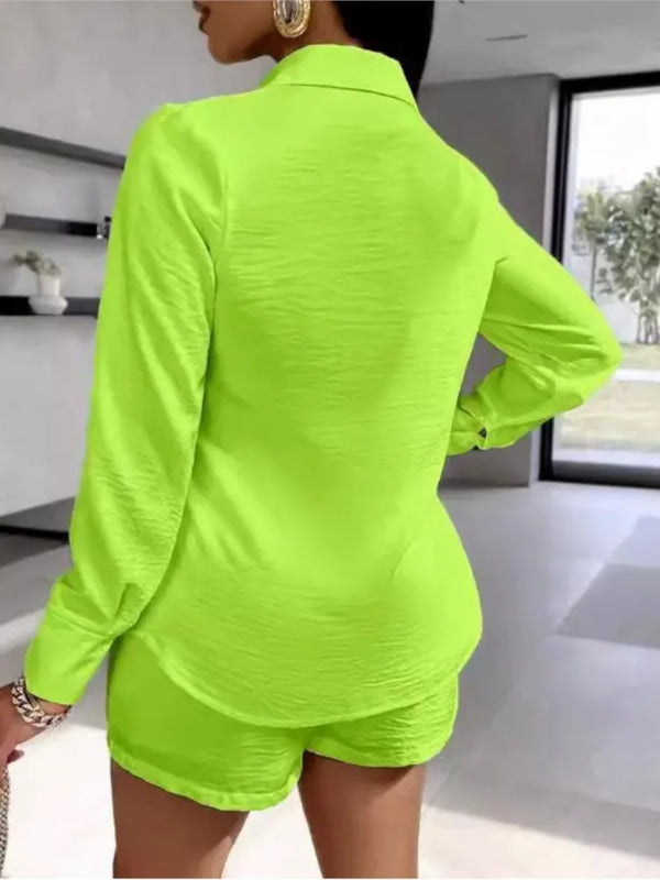 Fashion Two Piece Outfits Women's Turn-down Collar Pocket Design Button Shirt Top & Shorts Set New Summer Women Solid 2pcs Sets