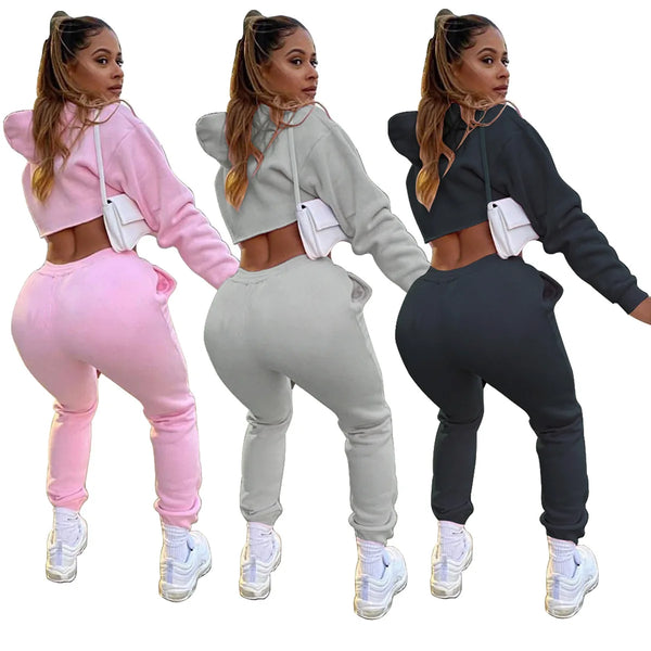 Women's Fitness Running Sets Fleece Long Sleeve Cropped Hoodies+Jogger Tracksuit