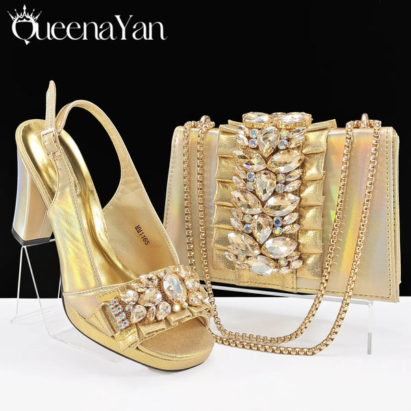 Queena Yan Spot goods INS Gold Color Elegant Women Heels Shoes and Bag Set Decoration Rhinestones Women High Heels Shoes