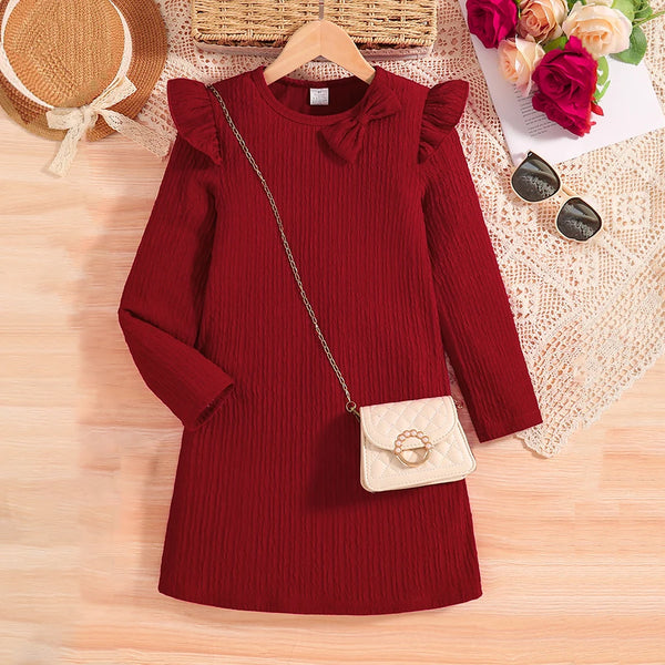 Girl's Autumn New Dress Casual Cute Red Knitted Dress Knee length Skirt Thin Breathable
