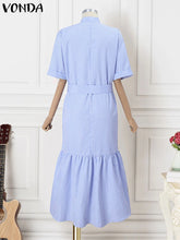 Elegant Striped Printing Short Sleeve Maxi Long Dress Casual Daily Shirt Dress 2025 VONDA Beach Party Sundress Bohemian Vestidos