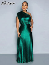 Mlaiscsr Metallic Golden One Shoulder Sleeveless Pleated A-Line Long Dress Elegant Women Luxury Birthday Evening Gowns Vestidos