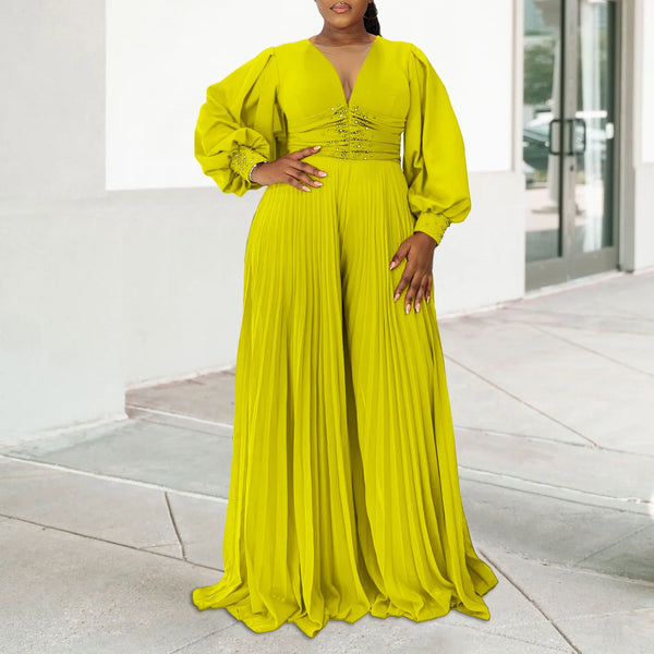 Autumn Dashiki African Clothes for Women African Long Sleeve V-neck Polyester Long Jumpsuit Outfits Elegant African Clothing 3XL
