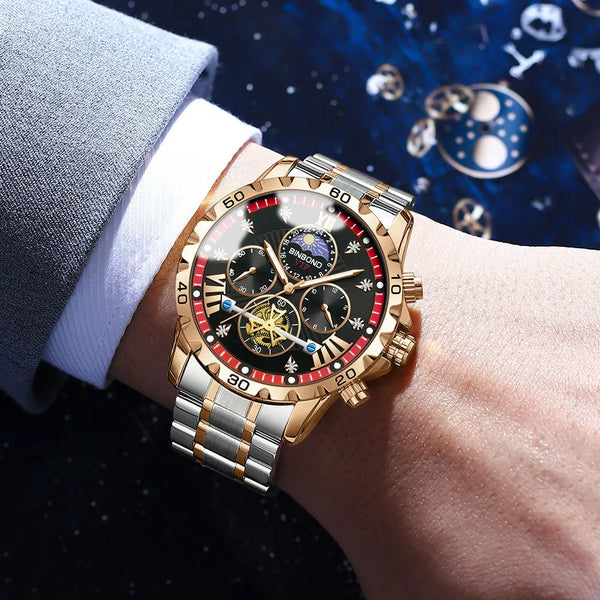 BINBOND Lurury Men's Watches Trend Fashion Original Quartz Watch for Man Flywheel Style Chronograph Waterproof Moon Phase Dress