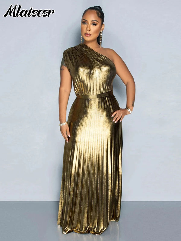 Mlaiscsr Metallic Golden One Shoulder Sleeveless Pleated A-Line Long Dress Elegant Women Luxury Birthday Evening Gowns Vestidos