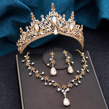 Baroque Wedding Crown for Bride 3-pack Tiara Earrings Necklace Bridal Jewelry Set Champagne Crystal Costume Party Birthday Gift