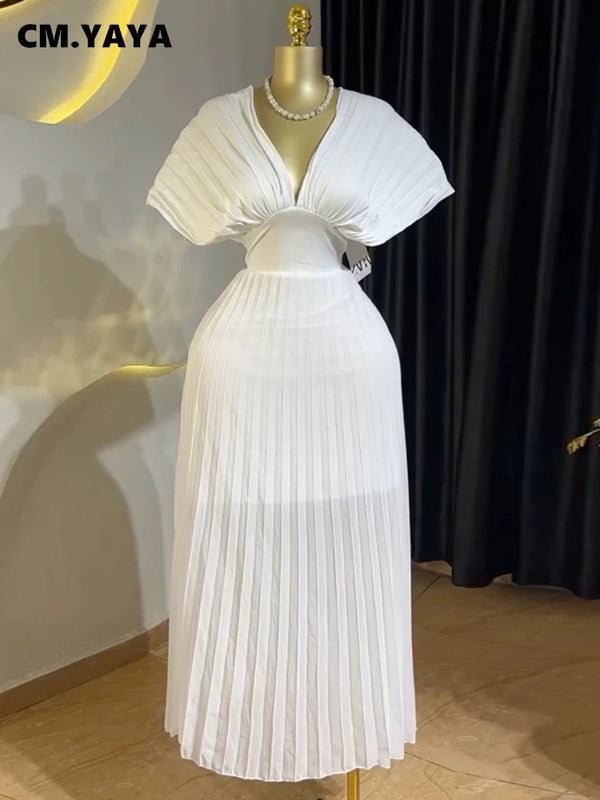 CM.YAYA Women Short Sleeve V-neck Elegant Long Pleated Dress 2025 Sweet Holiday Beach Evening Sexy Girl Party Dresses Vestidos