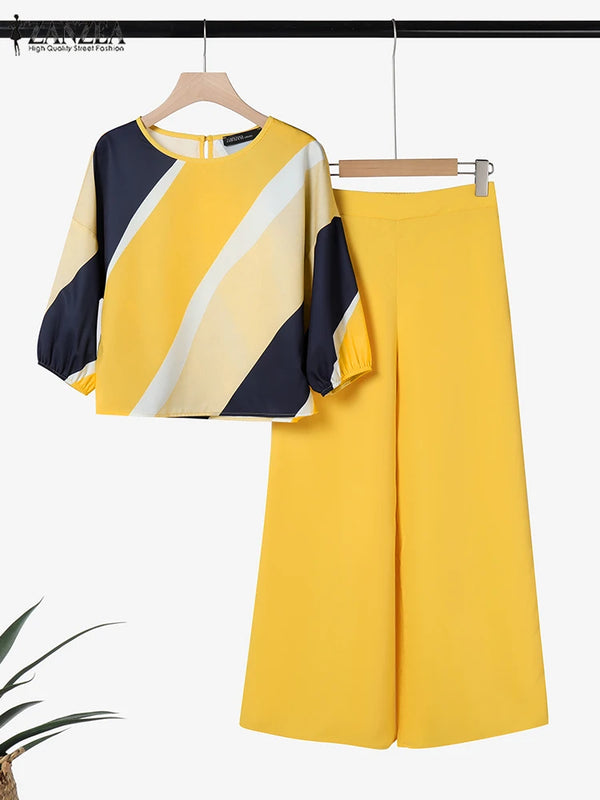 2PCS Summer Pant Sets ZANZEA Fashion Women Outfits 3/4 Sleeve Printed Blouse Trousers Suit Casual Work Tracksuits Matching Sets