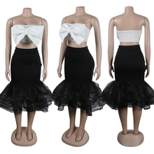 K2825 Sexy Slimming European Style Color Blocking Strapless Bow Mesh Bodycon Skirt Suit Smooths Your Silhouette