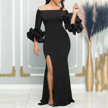 Elegant Sexy Side Slit Long Dress For Women Independent Stand Trade Clothing One-character Collar Leaf Sleeves Evening Dress