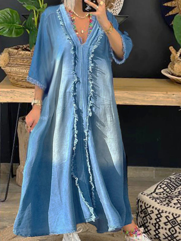 Retro Denim Long Dress Women Summer Loose V Neck 3/4 Sleeve Denim Big Swing Dresses Lady Fashion Casual Stitching Jeans Skirt
