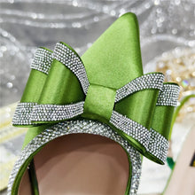 Med Heel Shoes for Women Hollowed Out Embroidery Rhinestone Italian Design Olive-green Color Pointed-Toe Shoes and Bags Set