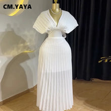 CM.YAYA Women Short Sleeve V-neck Elegant Long Pleated Dress 2025 Sweet Holiday Beach Evening Sexy Girl Party Dresses Vestidos