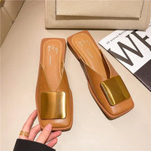 Women's Slippers Fashion Metal Buckle Mules for women Flat Heels Square Toe Shallow Shoes Outdoor Slides Female Casual Sandals