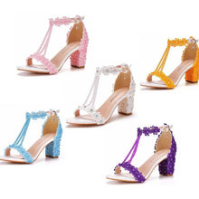 Plus Size 34-43 Shoes for Women Summer Lace Flower Sandals Peep Toe Fashion String Bead High Heel Party Wedding Evening Shoes