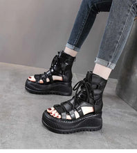 Koznoy 8cm Ethnic Cow Genuine Leather Ankle Booties Women Hollow Peep Toe Platform Wedge Breathable Zip Summer Fashion Shoes