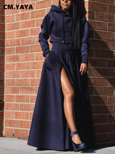 CM.YAYA Fashion Women's Set Long Sleeve Hooded Sweatshirt and High Side Split A-line Maxi Skirt Suit 2024 Two 2 Piece Set Outfit