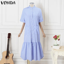 Elegant Striped Printing Short Sleeve Maxi Long Dress Casual Daily Shirt Dress 2025 VONDA Beach Party Sundress Bohemian Vestidos