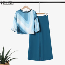 2PCS Summer Pant Sets ZANZEA Fashion Women Outfits 3/4 Sleeve Printed Blouse Trousers Suit Casual Work Tracksuits Matching Sets