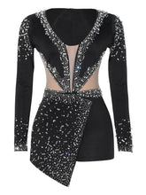 Women Sexy Rompers V-Neck Mesh Rhinestone Skinny Long Sleeve Playsuits
