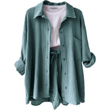 Women's Short Sets 2 Pcs Sale Grass Green Loose Button Cardigan Blouse Coats & Drawstring Wide Leg Loose Short Pant Suits