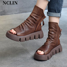 2024 New Summer Women Sandals Round Toe Chunky Heel Platform Shoes Genunine Leather Cover Heel GLADIATOR Sandals Women Handmade
