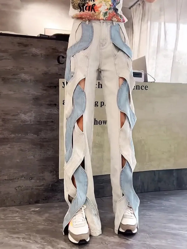 Women's Crisscross Streetwear Denim Trousers With High Waist Patchwork