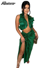 Mlaiscsr Elegant Pleated Ruffle Black Dress Set for Women Sexy Crop Top and Split Skirts Two 2 Piece Matching Club Prom Outfits