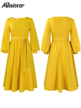 Mlaiscsr Elegant Dinner Prom Yellow A Line Mid Dresses Women O Neck Full Sleeve Belt Waisted Pleated  Female Birthday Party Robe