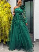 Women One Shoulder Sleeve Pleats Bridesmaid Dress Mesh Floral High Waist Dress Fashion Elegant Part Club Sexy Evening Long Dress