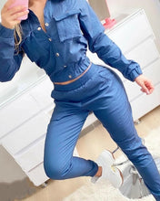 Two-Piece Set for Women 2024 Spring Tracksuit Denim Style Long Sleeve Pocket Button Design Shirt & Elastic High Waist Pants Set