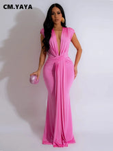 CM.YAYA Women Sleeveless Ruched Deep V-neck Long Maxi Dress 2024 Street Evening Birthday Night Club Party Vestidos Sexy Dresses