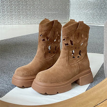 2025 New Women's Suede Western Cowboy Boots, Thick Sole Vintage Cutout, Breathable Elevated Heel, Summer Ankle Boots
