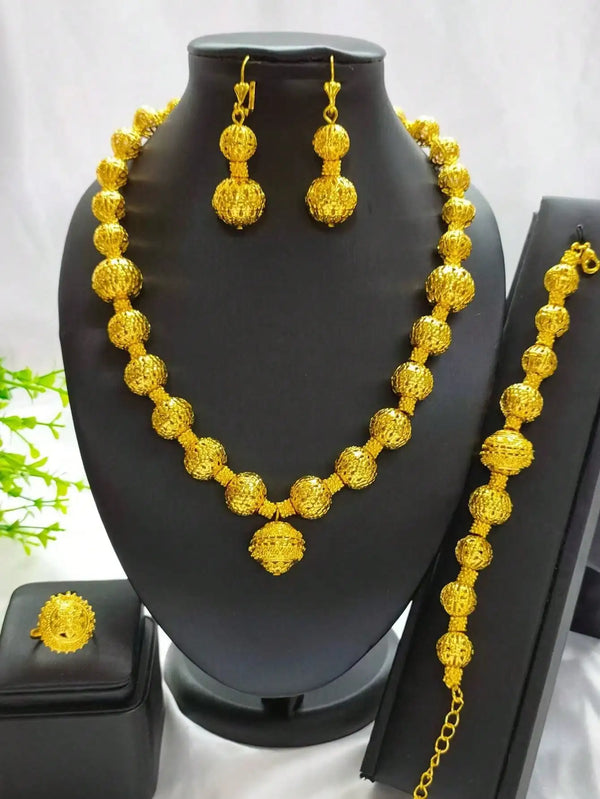 New Dubai African Bead Jewelry Set for Women Party Gifts Wedding Accessories 24K Gold Color Necklace Ring Bangle Earrings Sets