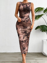 Women's 2024 Spring Summer New Fashionable Printed Round Neck Style Slimming Sleeveless Tight Dress With Split Bottom