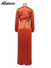 Mlaiscsr Elegant Wedding Guest Pleated Long Dress Women V Neck Lantern Sleeves Sashes Big Swing Sexy Birthday Party Evening Robe