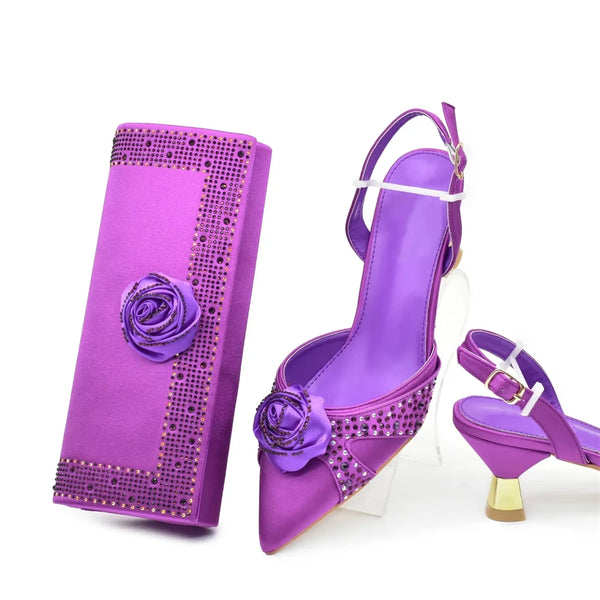 New Fashion Women Shoes and Bags To Match Set Nigeria Party Women's Pumps with Handmade Flowers Bag and Shoe Set Italian