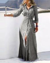 Autumn Lace-up Shirt Dresses Women Elegant Turn Down Collar Button Long Dress Women Fashion Striped Print Party Dress 2023