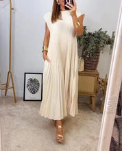 Loose Solid Color Loose Waist Large Hem Long Dress Summer New Fashion O-Neck Sleeveless Pleated Maxi Women's Dress Femme Robe