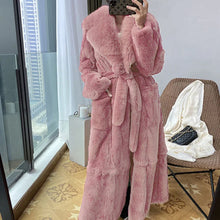 Women's Fashionable Belt Long Thick Warm Faux Fox Fur Jacket