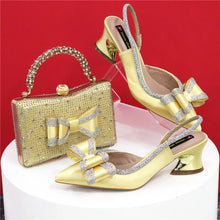 Med Heel Shoes for Women Hollowed Out Embroidery Rhinestone Italian Design Olive-green Color Pointed-Toe Shoes and Bags Set