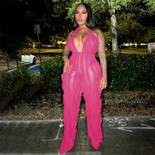 CM.YAYA Fashion Women Wave Ruffles Halter Deep V-neck Backless Sleeveless Wide Leg Jumpsuit 2023 Sexy Party Club Romper Playsuit